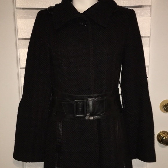 Mackage Black long wool blend with REAL LEATHER BELTS n TRIM NWT - Picture 9 of 17